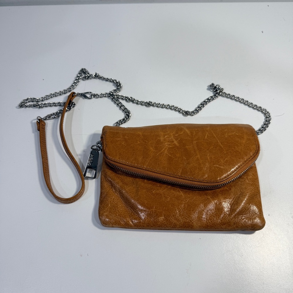 HOBO Tan Leather Crossbody Bag with Silver Chain